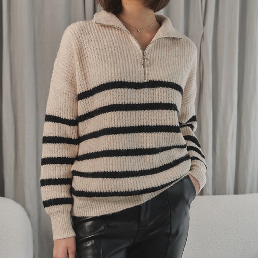 - Alyson - Stripe Zip Sweater - Off-White
