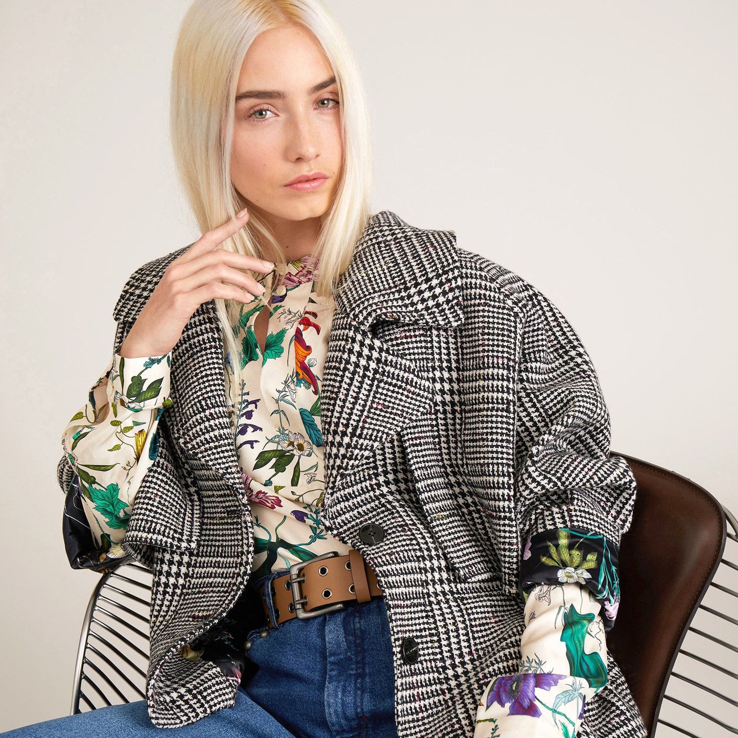 - Ciella - Silk Floral Print Top - Ivory/Multi