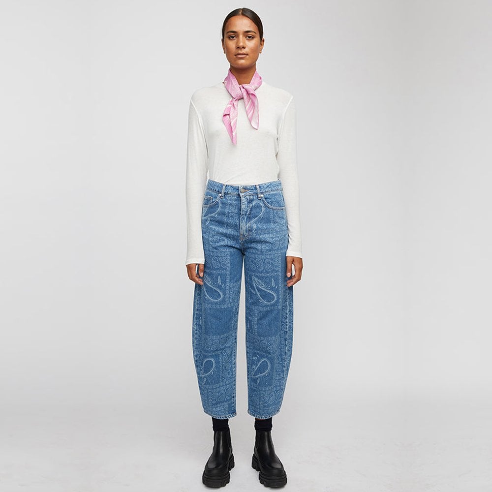 - Paisley Print Denim Jeans - Blue