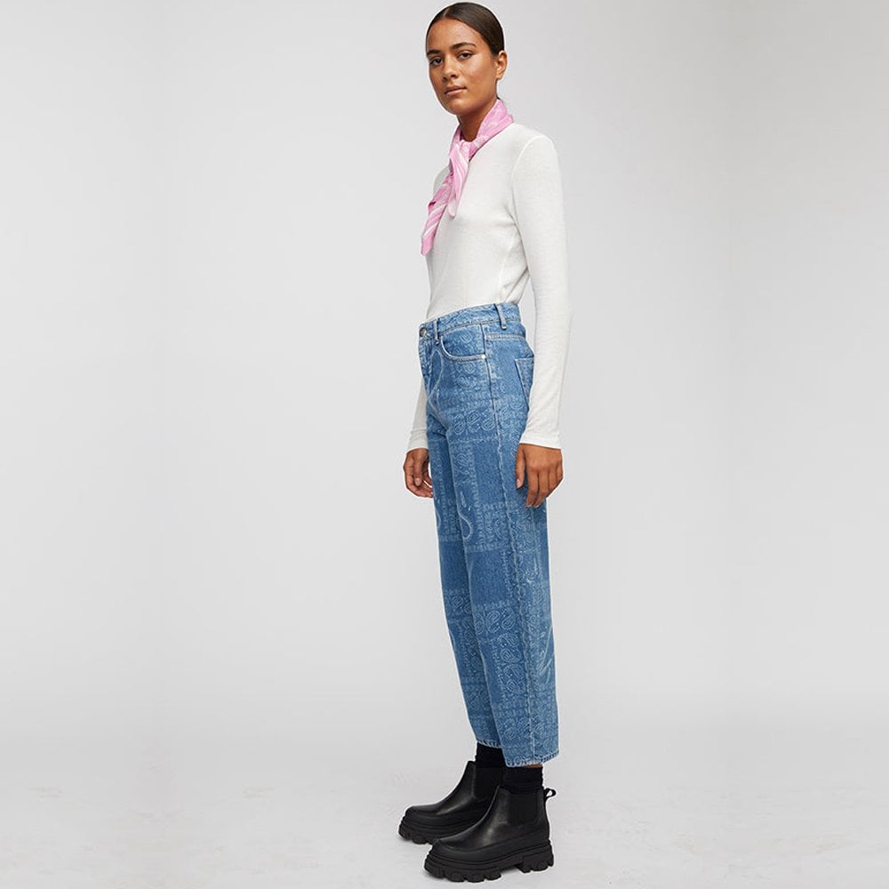 - Paisley Print Denim Jeans - Blue