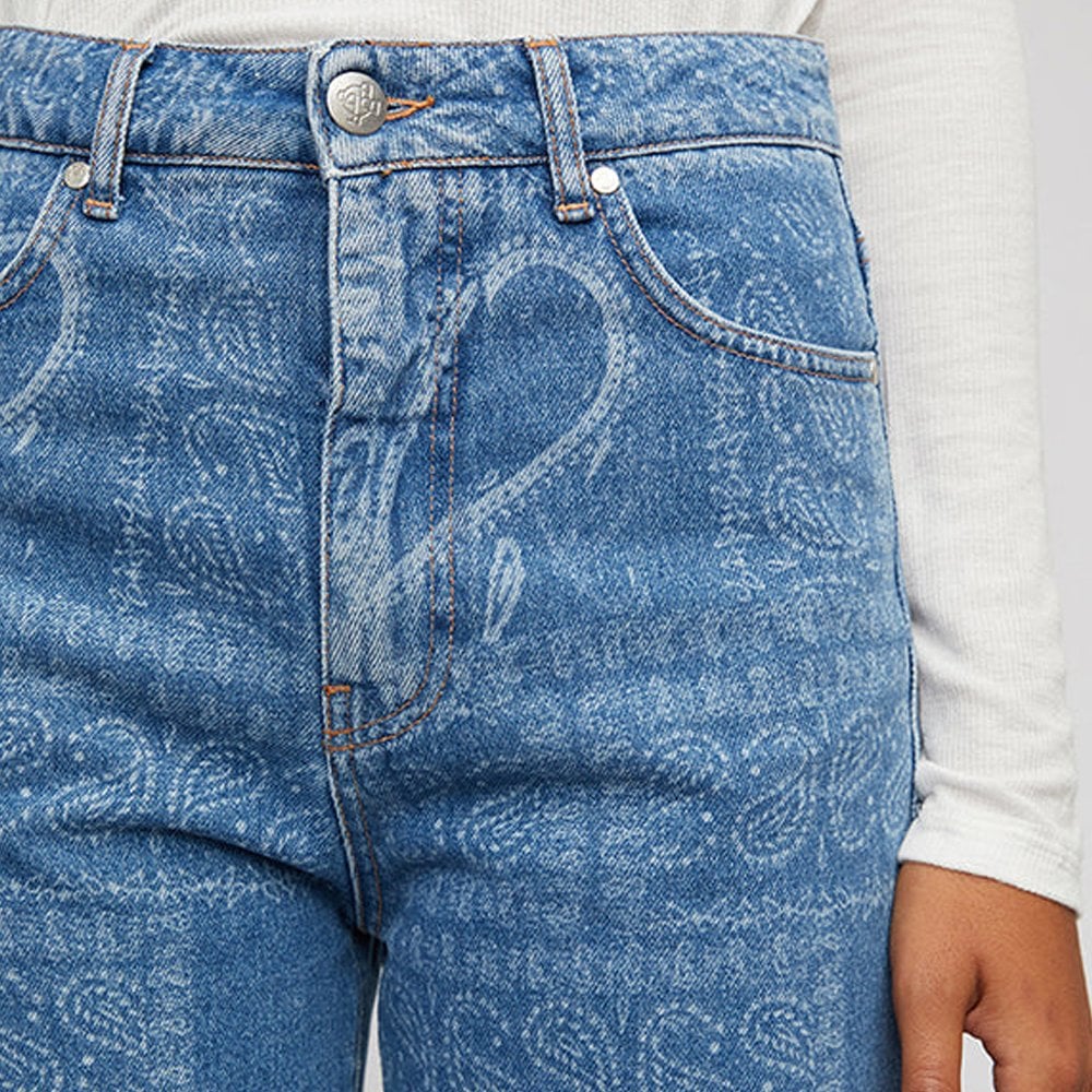 - Paisley Print Denim Jeans - Blue