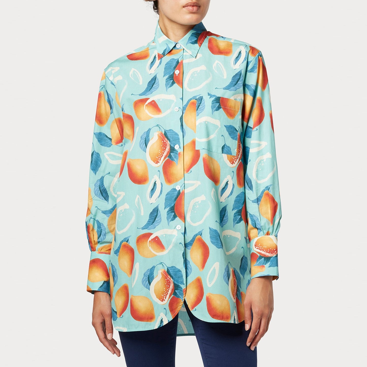 - Lemons Print Oversized Shirt - Light Blue