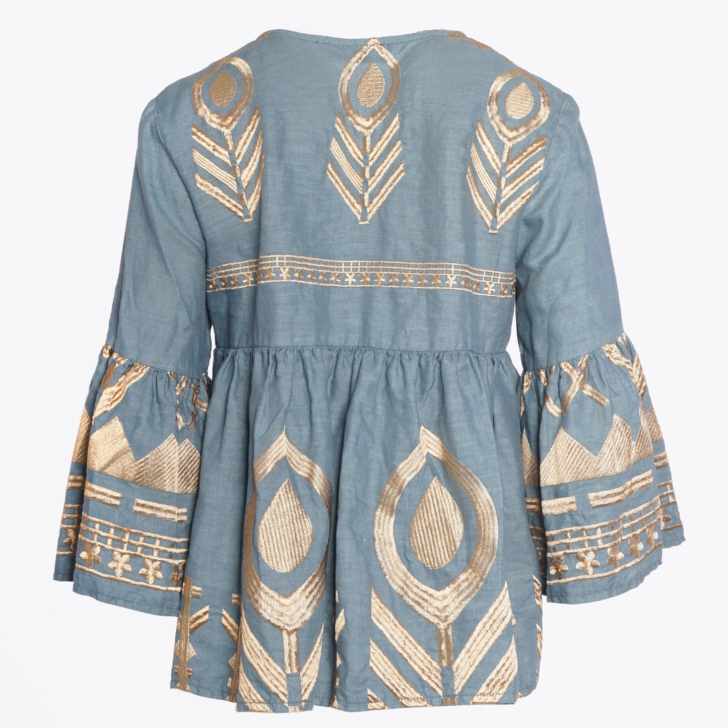 - Feather Embroidered Top - Teal/Gold