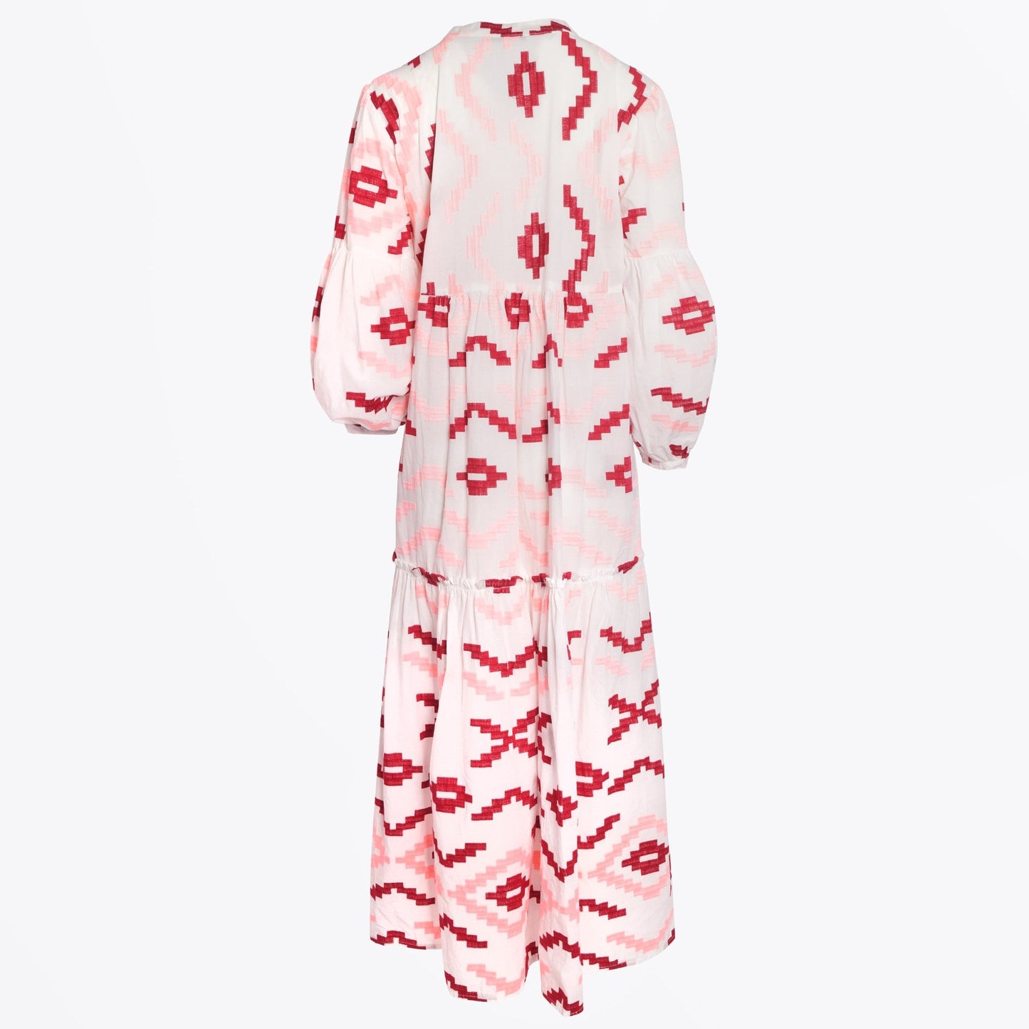 - Rhombus Embroidered Maxi Dress - White/Pink/Red