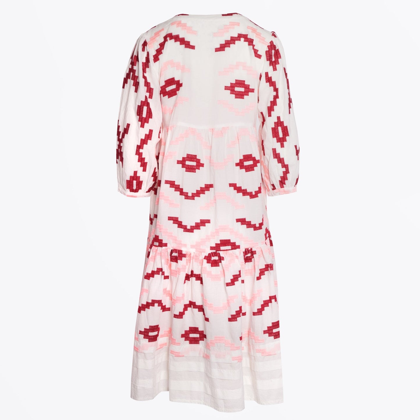 - Rhombus Embroidered Midi Dress - White/Pink/Red