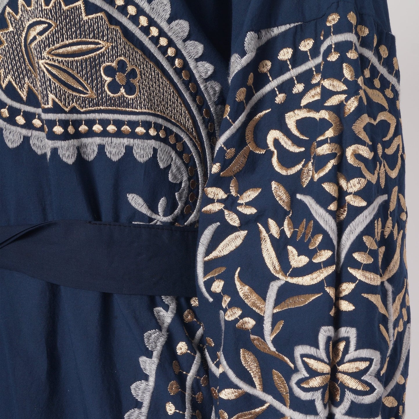 - Paisley Embroidered Cotton Dress - Navy/Gold