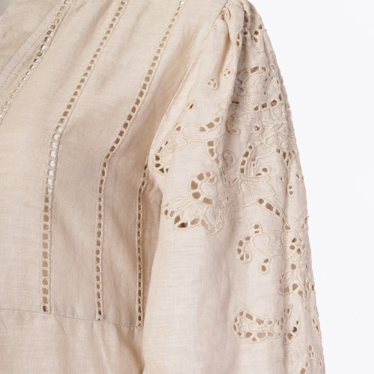 - Cut Embroidered Linen Dress - Total Sand