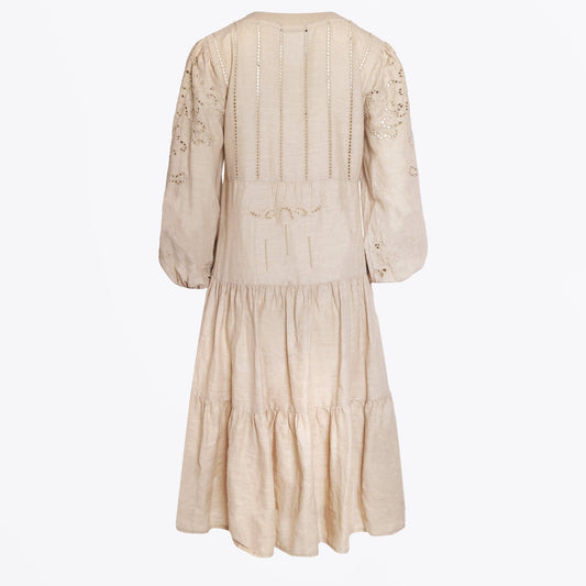 - Cut Embroidered Linen Dress - Total Sand