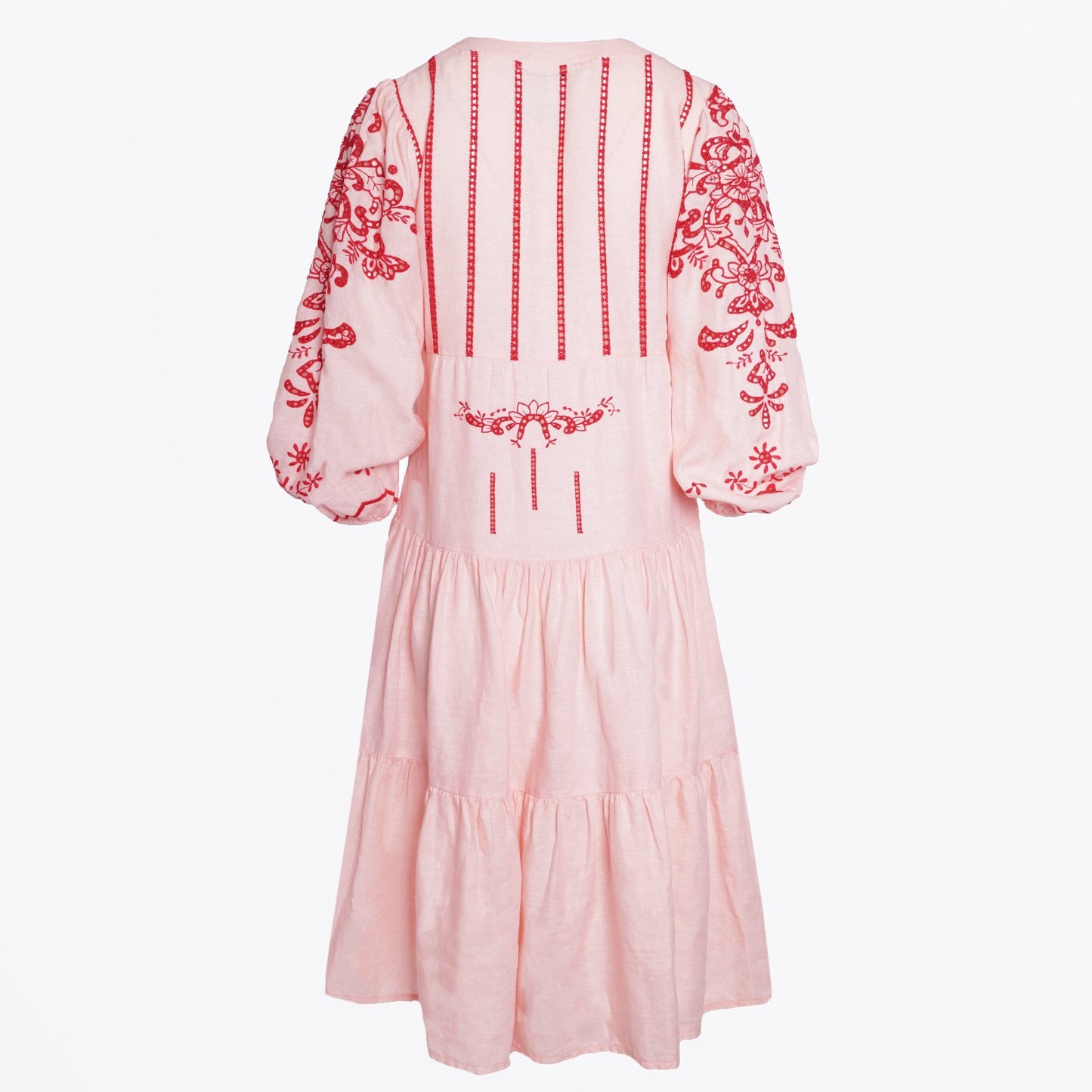 - Cut Embroidered Linen Dress - Pink/Red