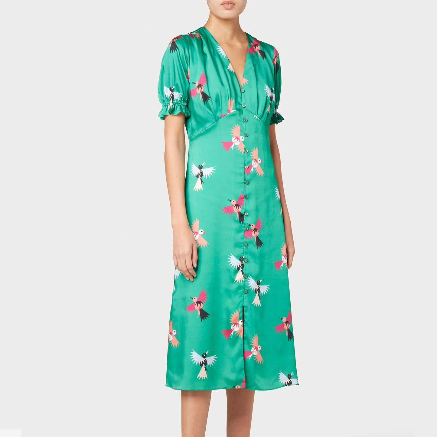 - Bird Print Button Front Dress - Green