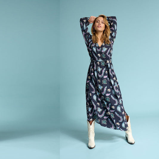 - Leah Printed Dress - Tides Deep Black