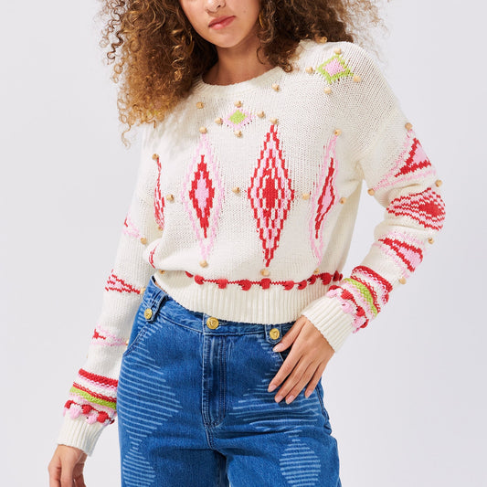 - White Beaded Intarsia Boxy Knit - Off White