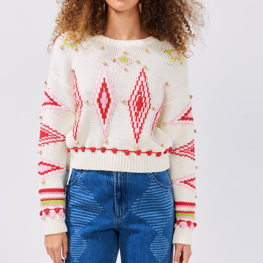 - White Beaded Intarsia Boxy Knit - Off White