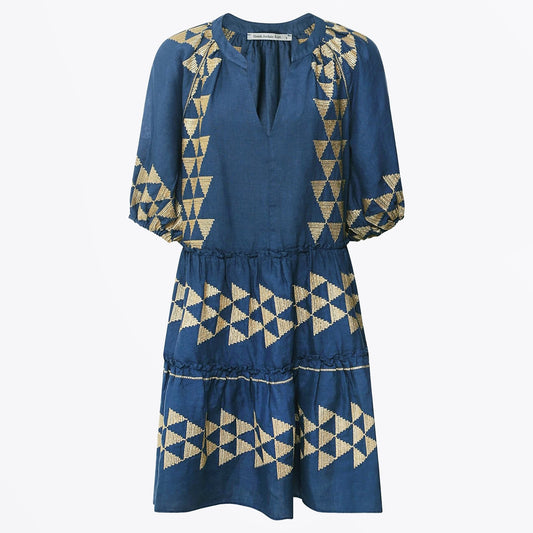- Arrow Chevron Linen Dress - Indigo Gold