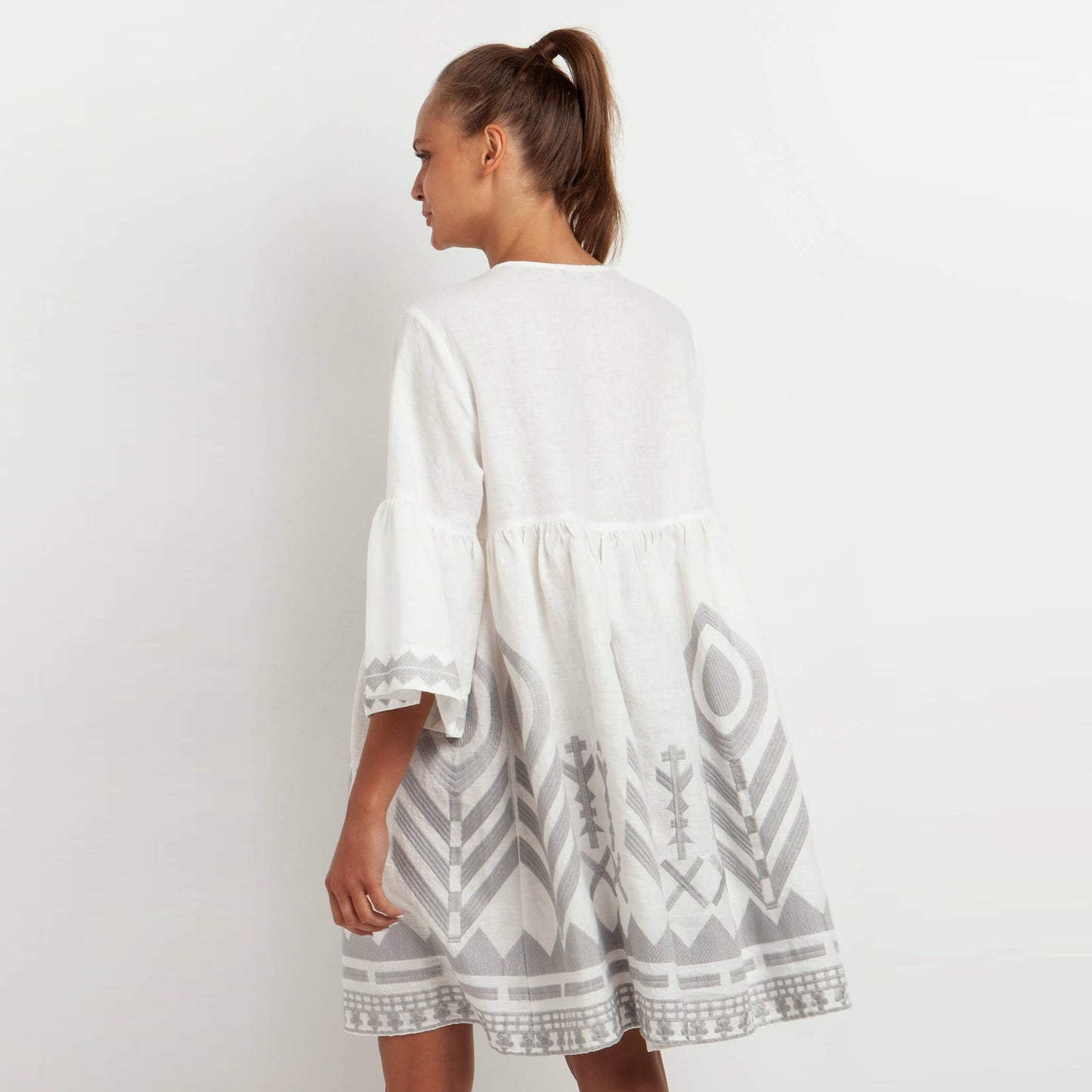 - Feather Chevron Mini Dress - White Grey