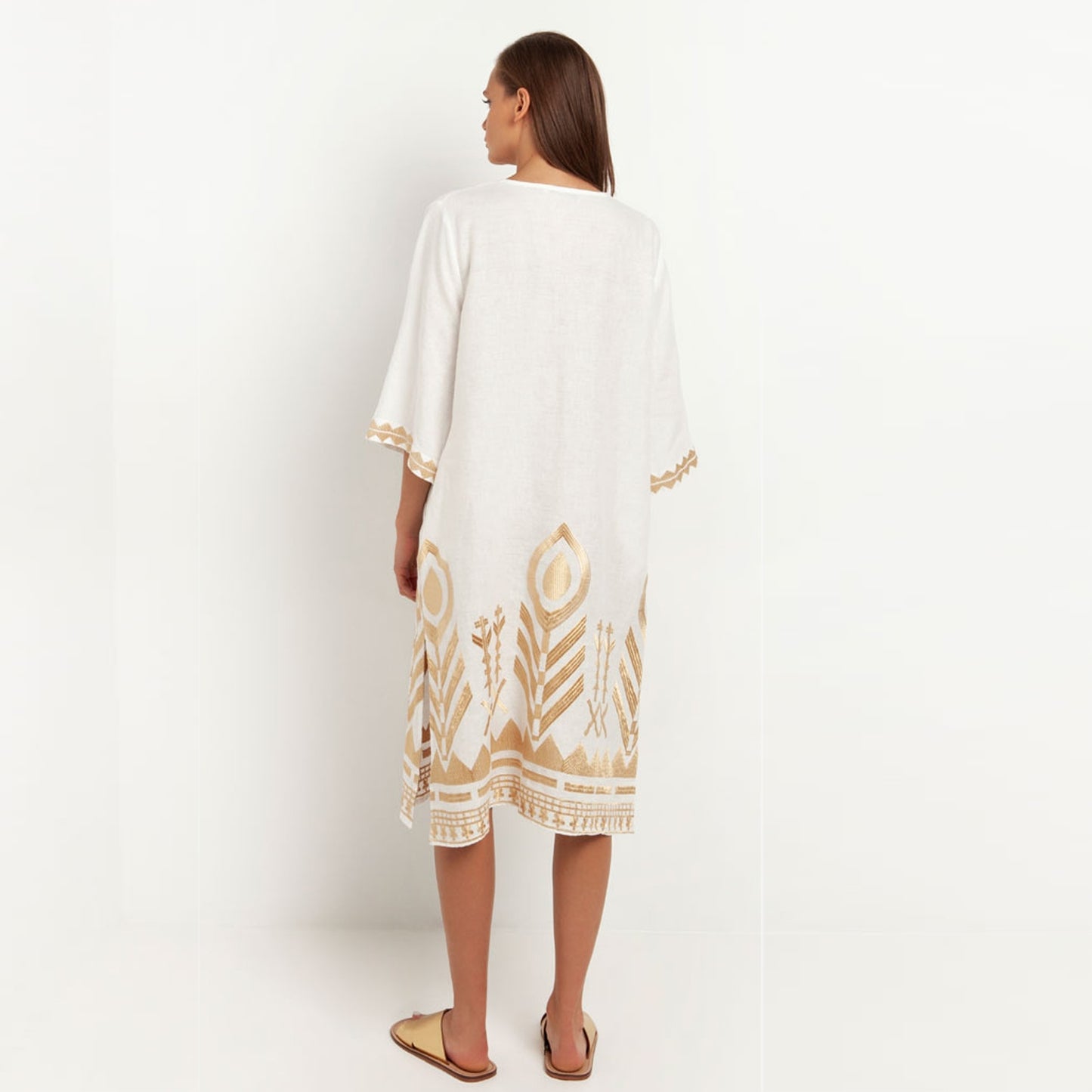 - Feather Linen V Neck Kaftan Dress - White Gold
