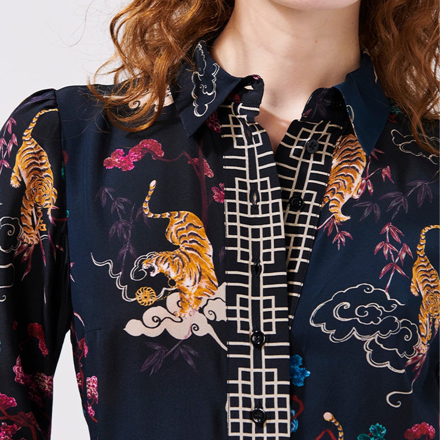 Long Sleeve Silk Maxi Shirt Dress - Tiger Black