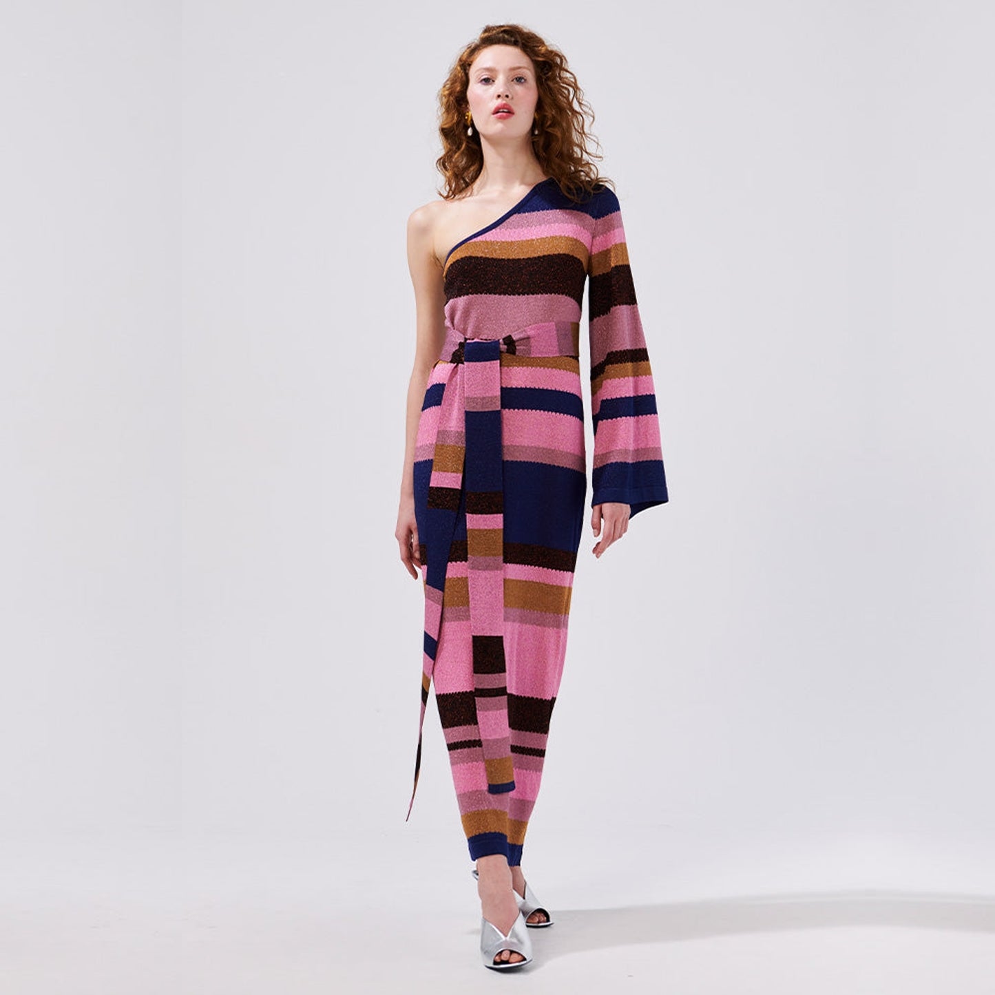 - One Sleeve Maxi Dress - Multi Stripe