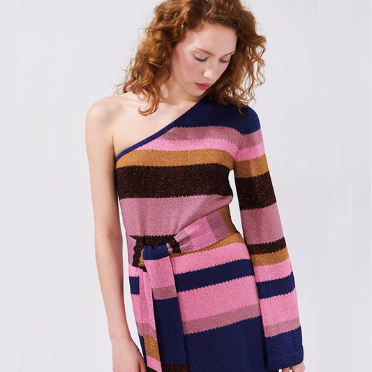 - One Sleeve Maxi Dress - Multi Stripe