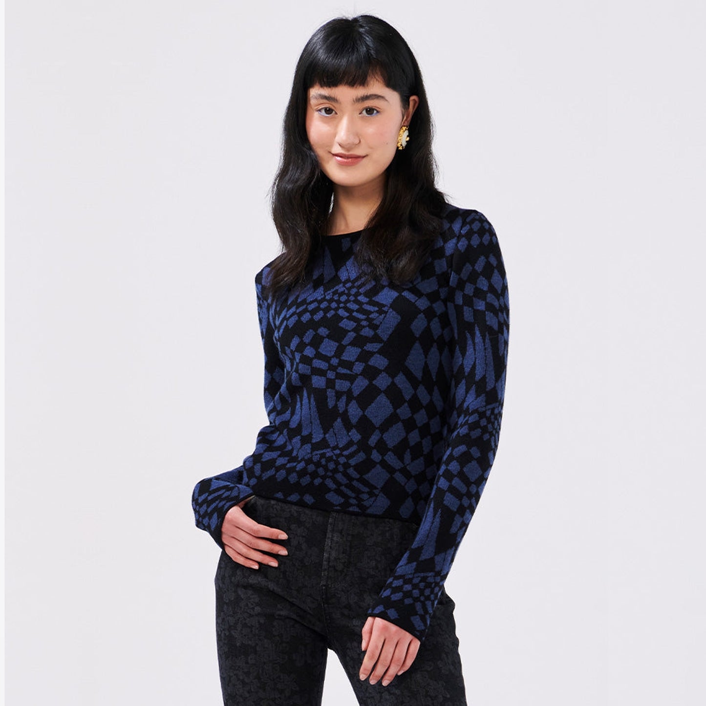 - Merino Jacquard Crew Neck Jump - Navy
