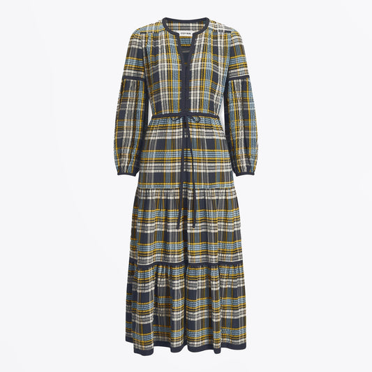 - Katie Seersucker Midi Dress - Navy/Yellow