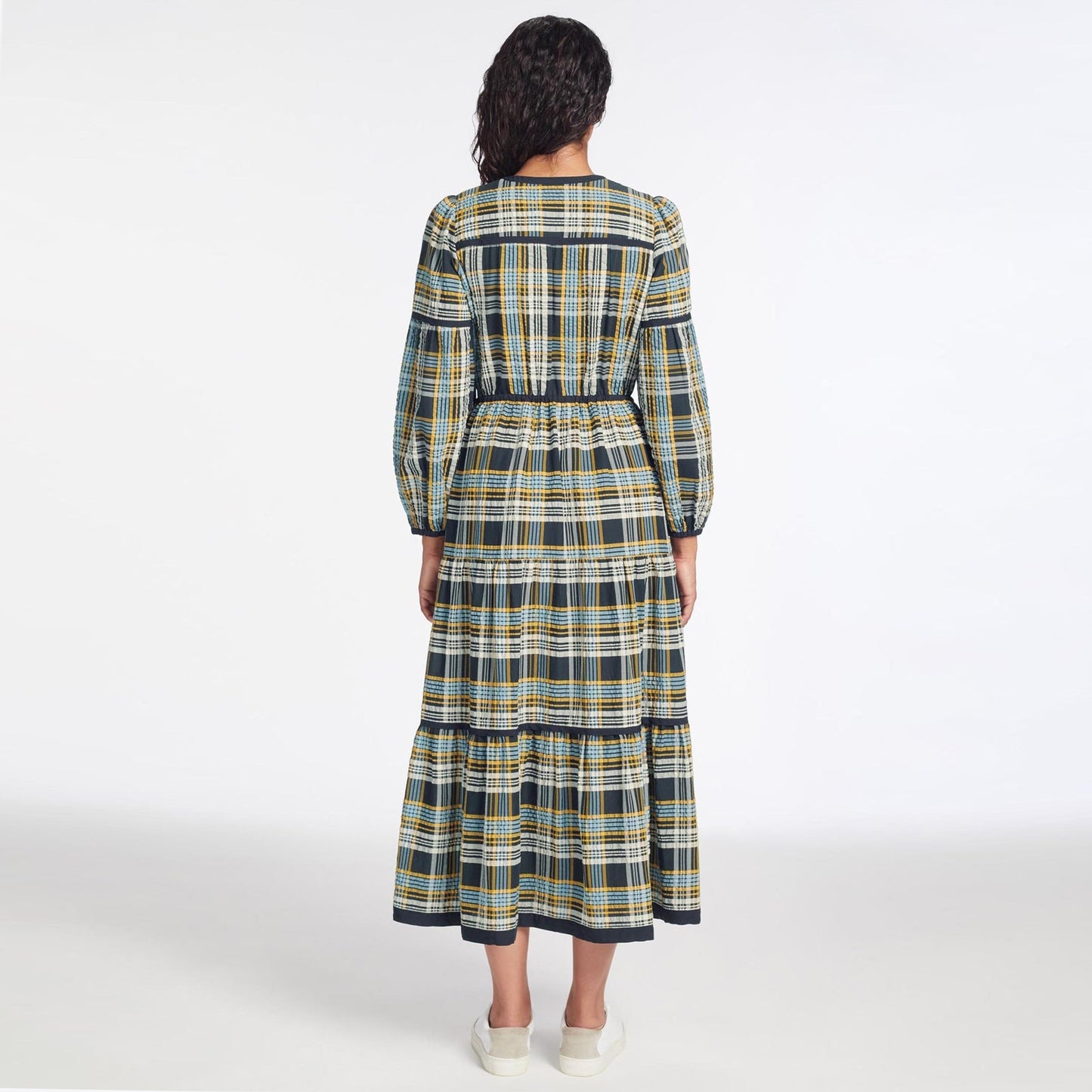 - Katie Seersucker Midi Dress - Navy/Yellow