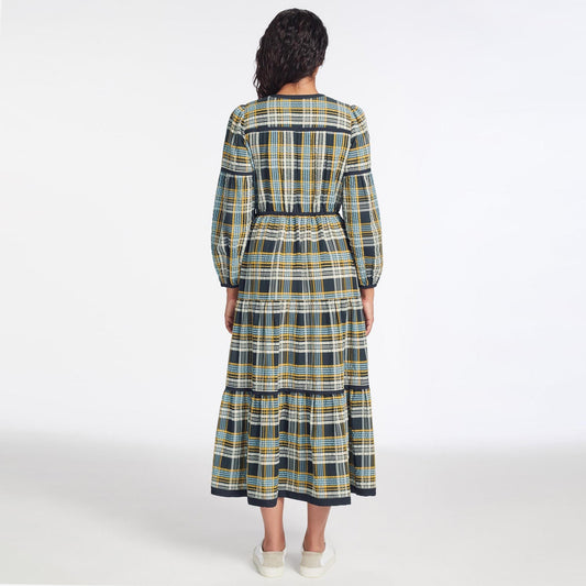 - Katie Seersucker Midi Dress - Navy/Yellow