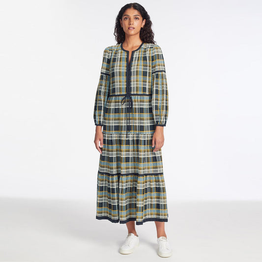 - Katie Seersucker Midi Dress - Navy/Yellow
