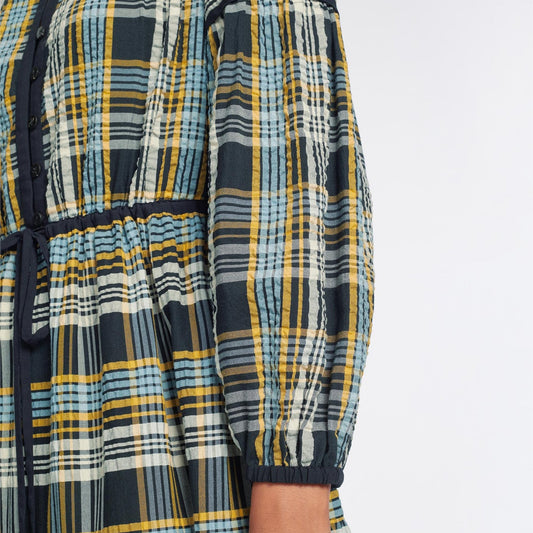 - Katie Seersucker Midi Dress - Navy/Yellow