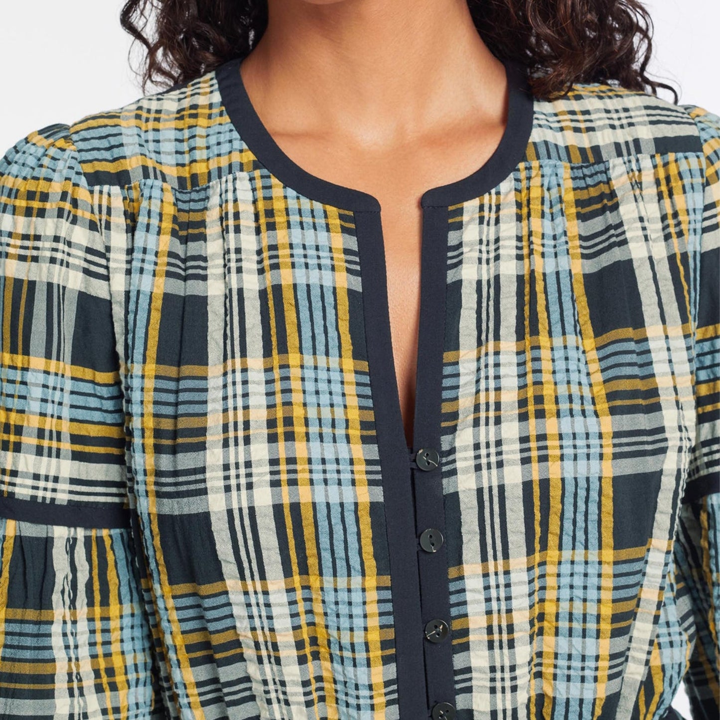 - Katie Seersucker Midi Dress - Navy/Yellow