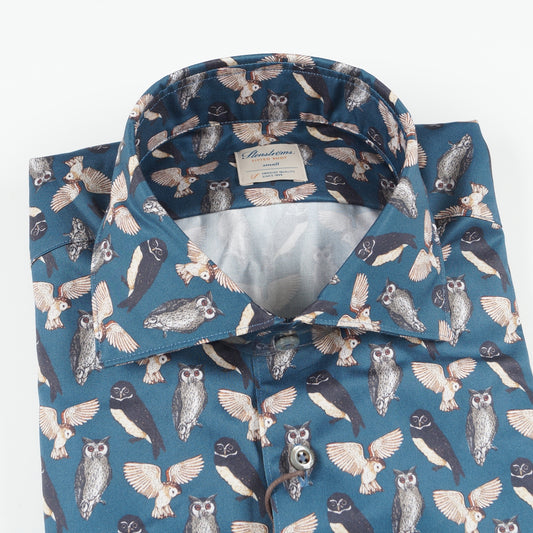 - Fitted Body Owl Print Shirt - Navy