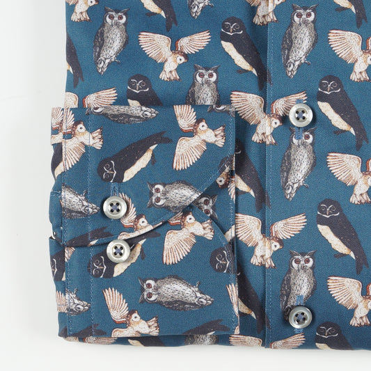 - Fitted Body Owl Print Shirt - Navy