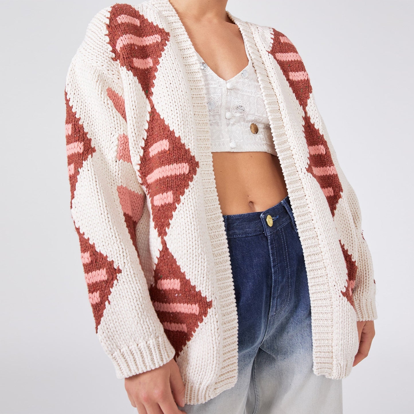 - Nomad Cotton Intarsia Long Cardigan - Ecru