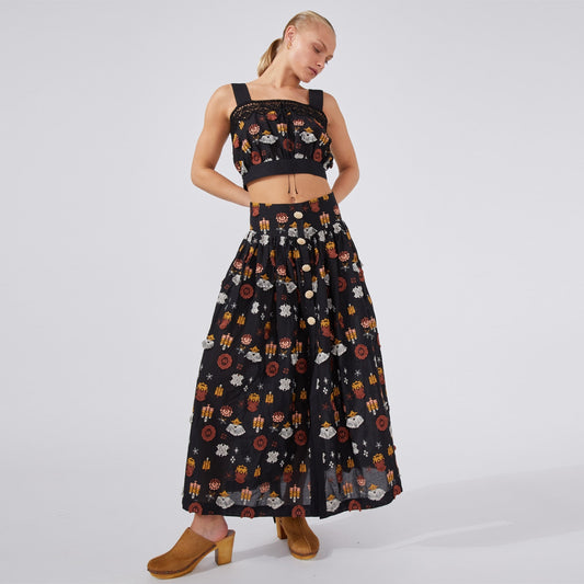 - Esmerelda Embroidered Cotton Maxi Skirt - Black