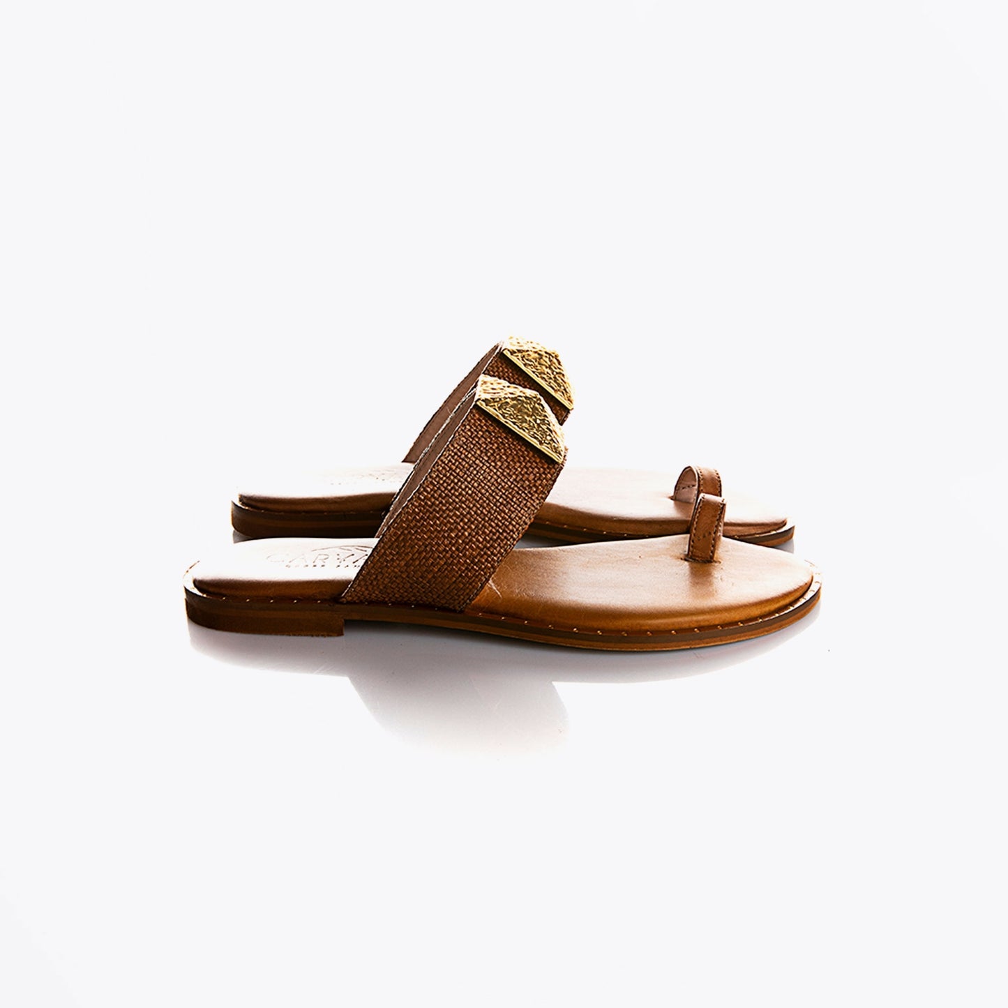 - Square Applique Sandals - Camel/Gold
