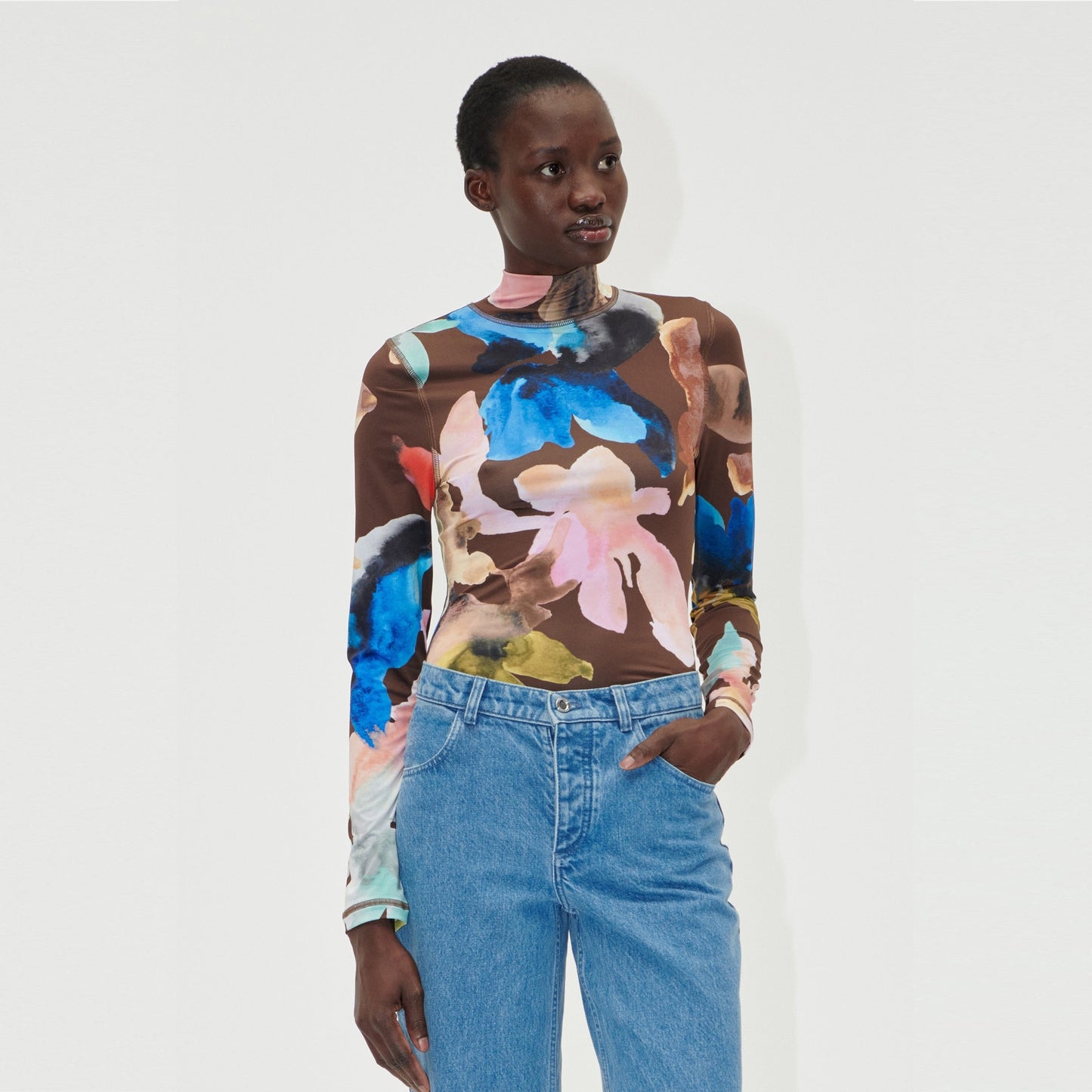 - High Neck Collared Top - Aquarelle Garden