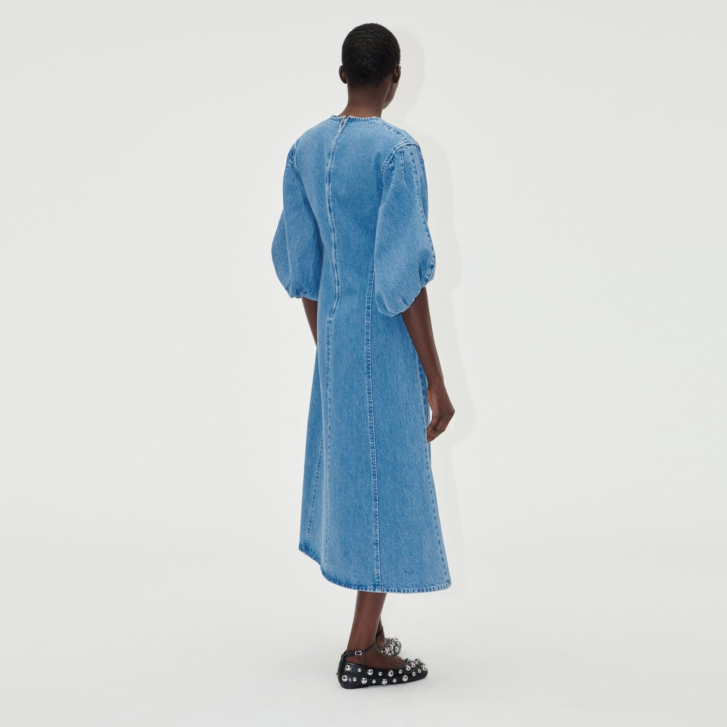 Volume Sleeves Midi Dress - Denim