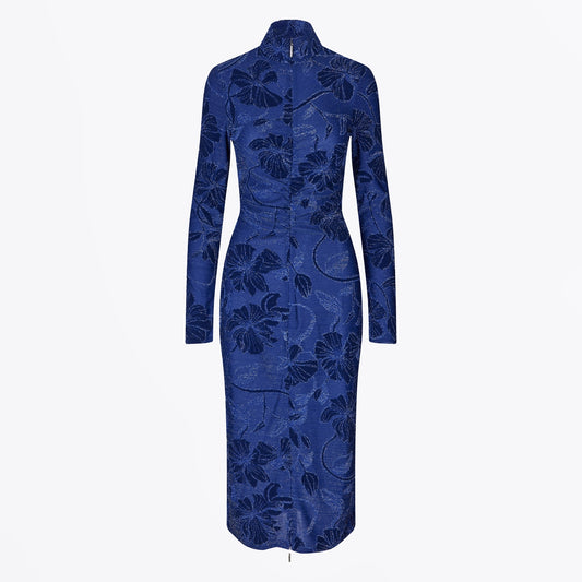 - Gathered LS Midi Dress - Fine Line Poppies