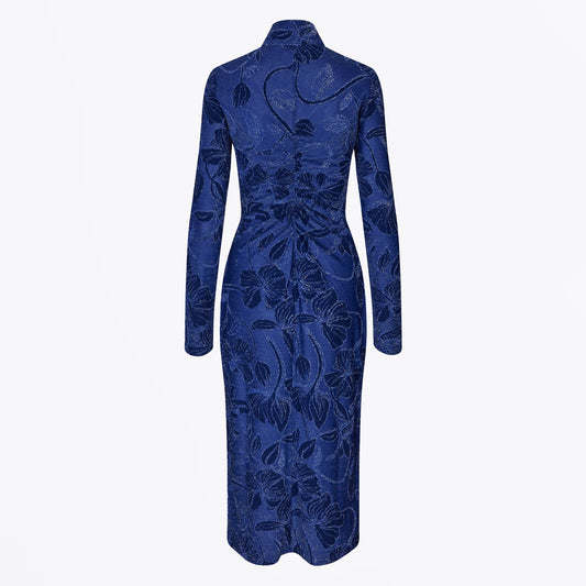 - Gathered LS Midi Dress - Fine Line Poppies