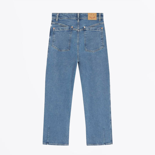 - Barrel Leg Jeans - Washed Mid Blue