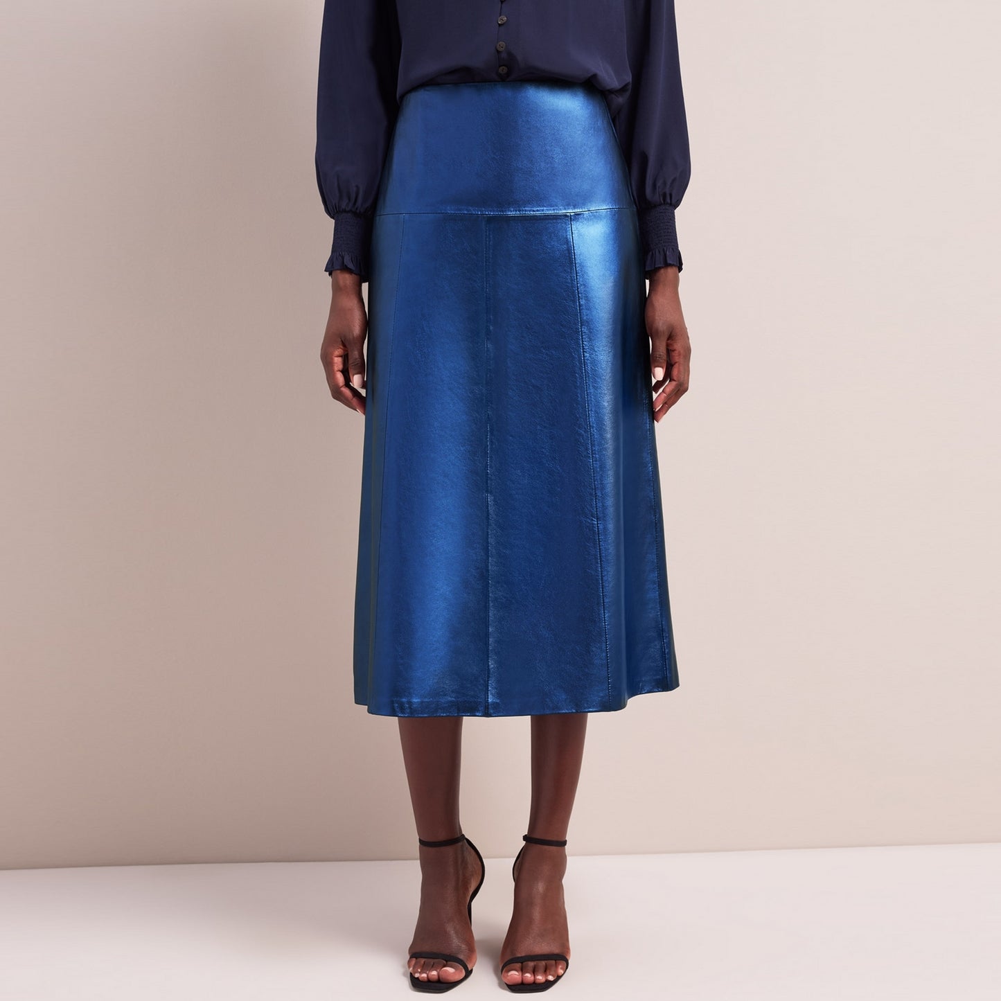 - Tiana Leather Panel Midi Skirt - Metallic Blue
