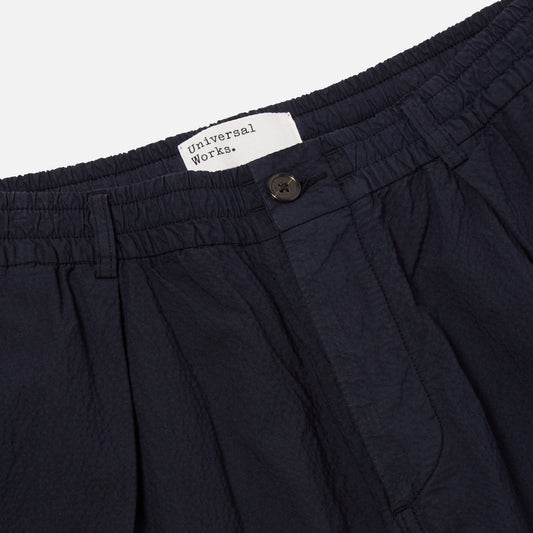 - Pleated Track Short in Navy Seersucker II