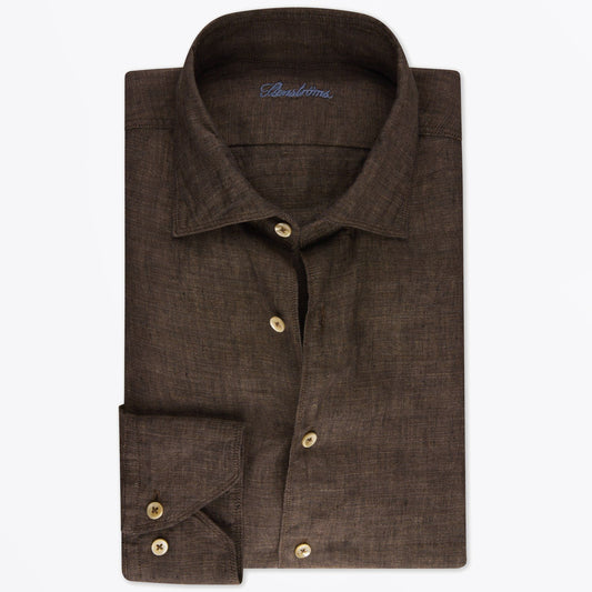 - Fitted Body Linen Shirt - Dark Brown