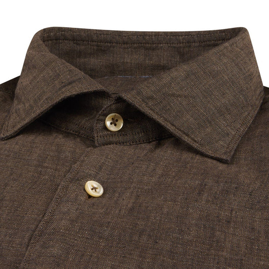 - Fitted Body Linen Shirt - Dark Brown