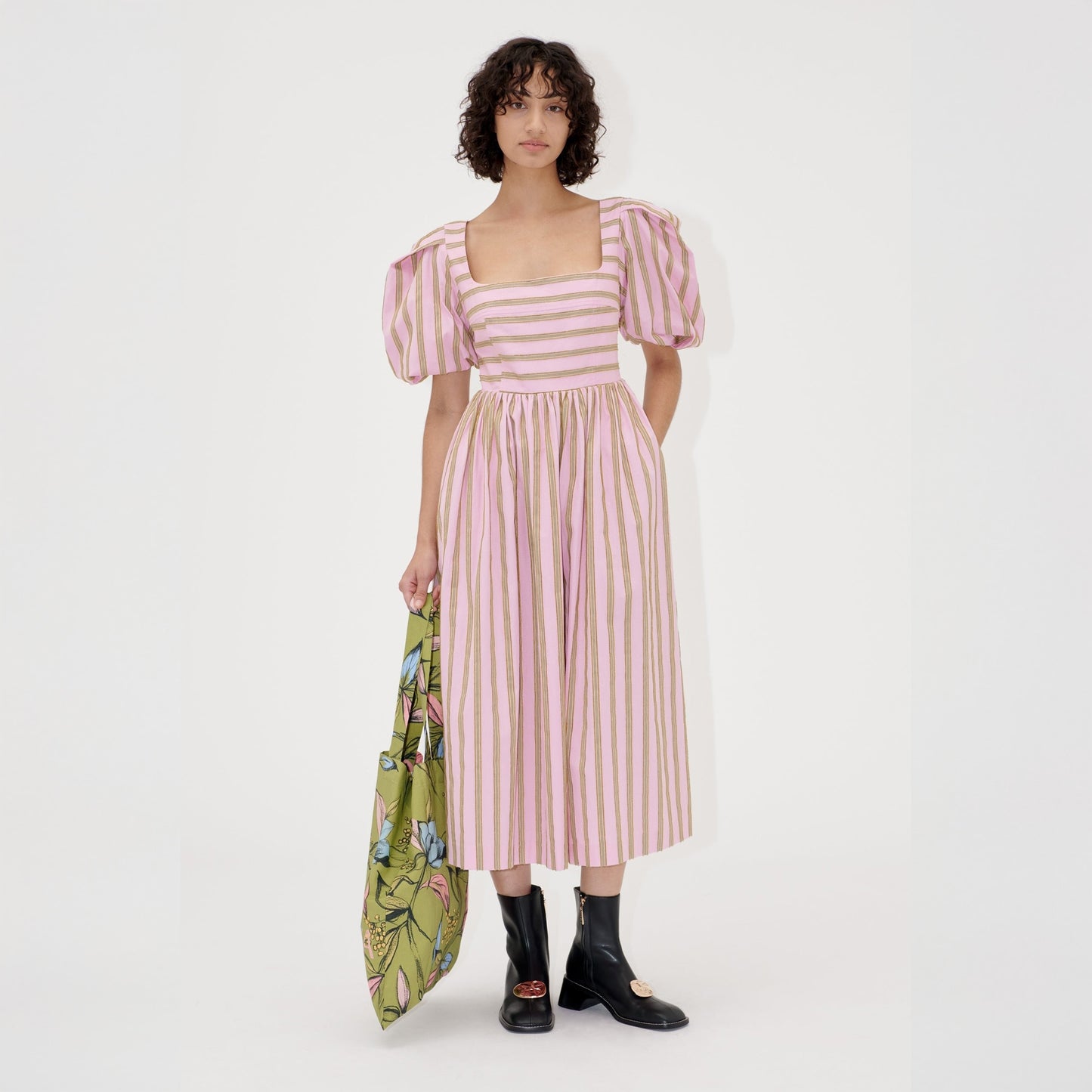 - Blouson Sleeve Midi Dress - Wallpaper Stripes