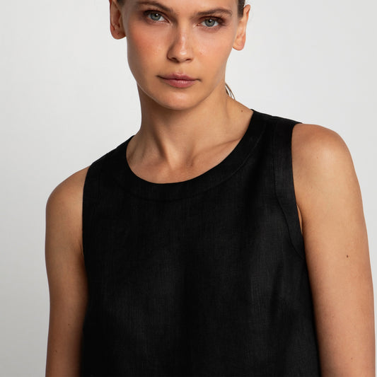 - Linen Crop Sleeveless Top - Black