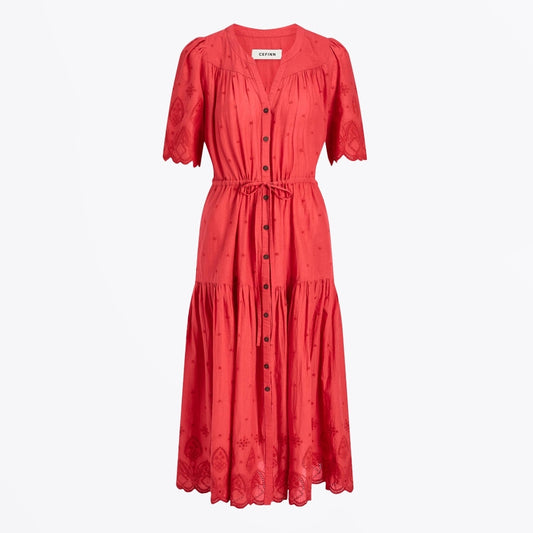 - Nicole Broderie Anglais Dress - Coral