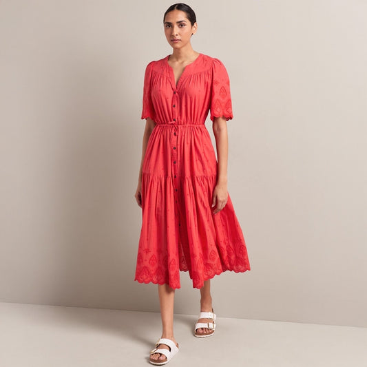 - Nicole Broderie Anglais Dress - Coral