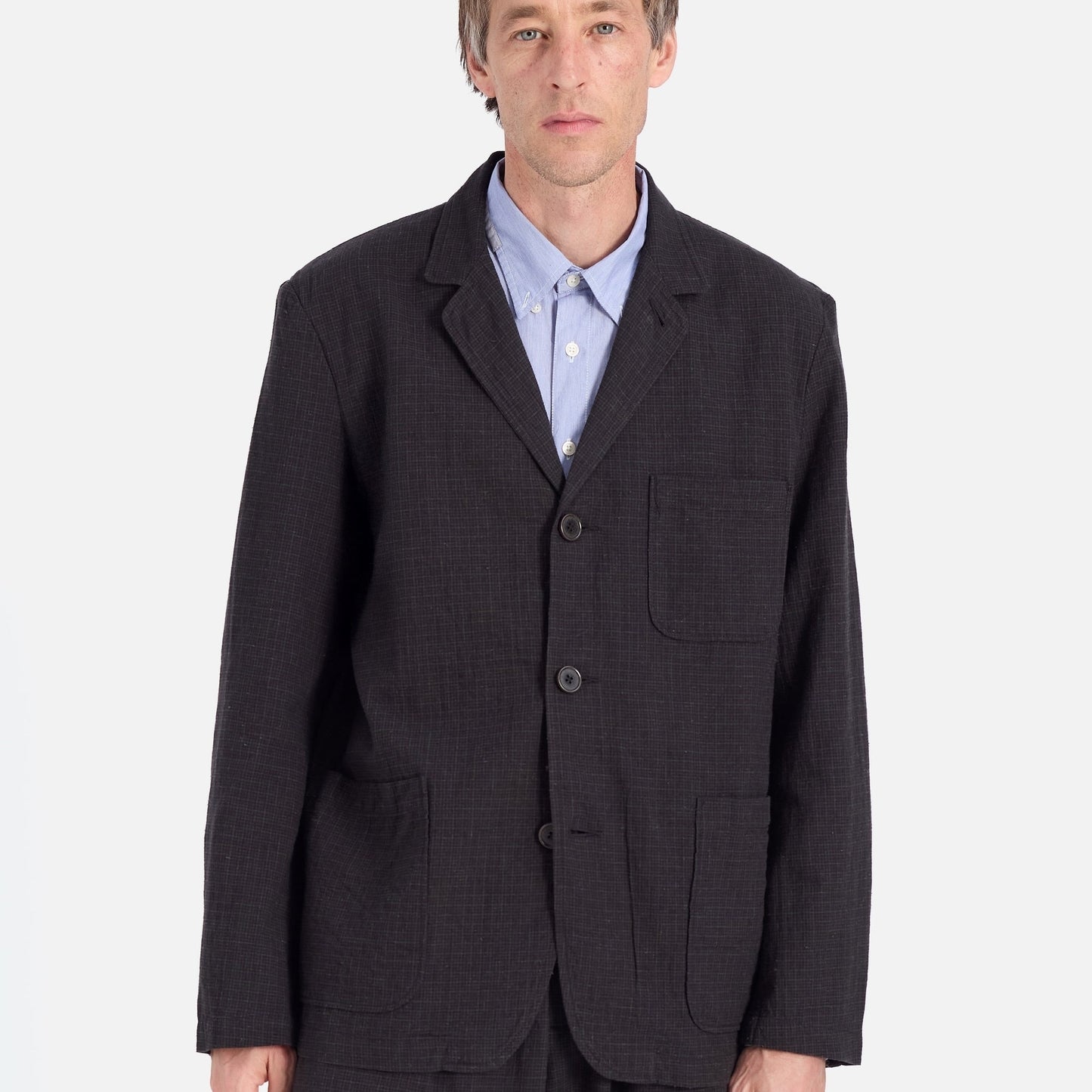 - Fine Linen Mix Three Button Jacket - Charcoal