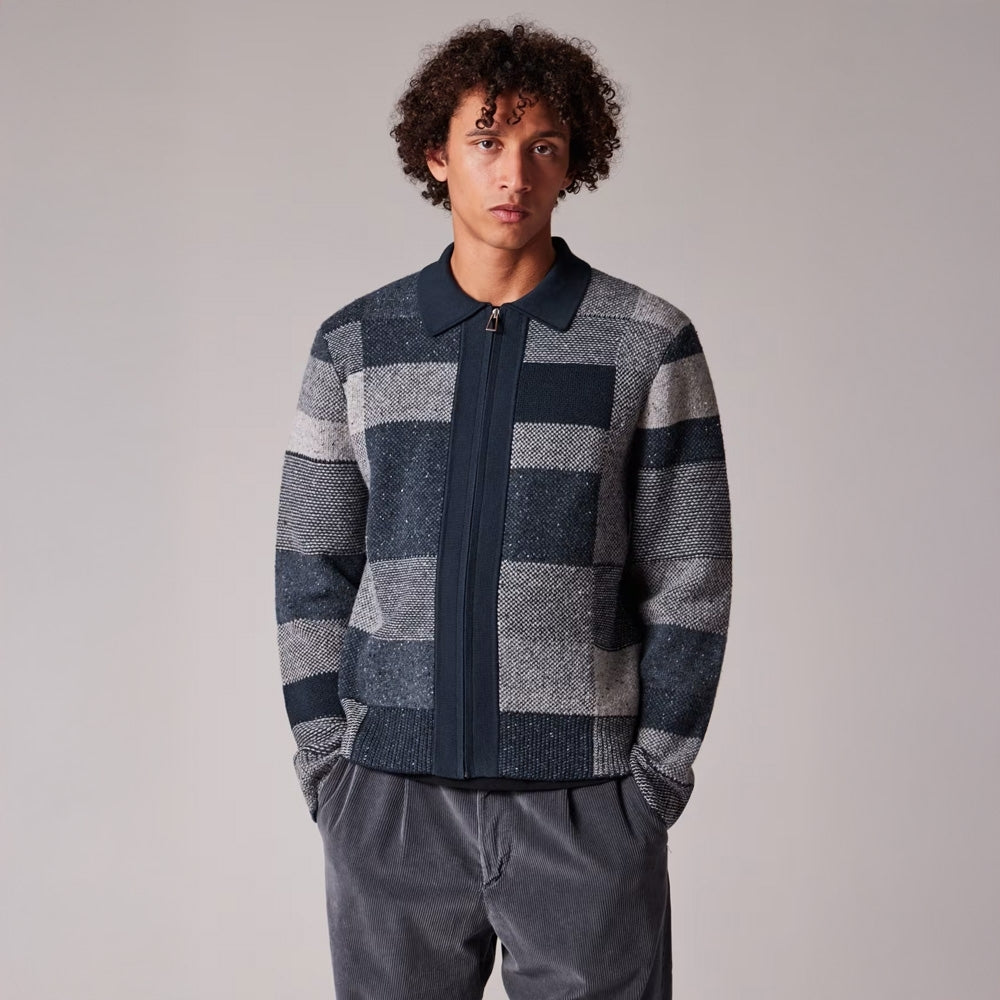 - Patchwork Zip Through Cardigan - Navy